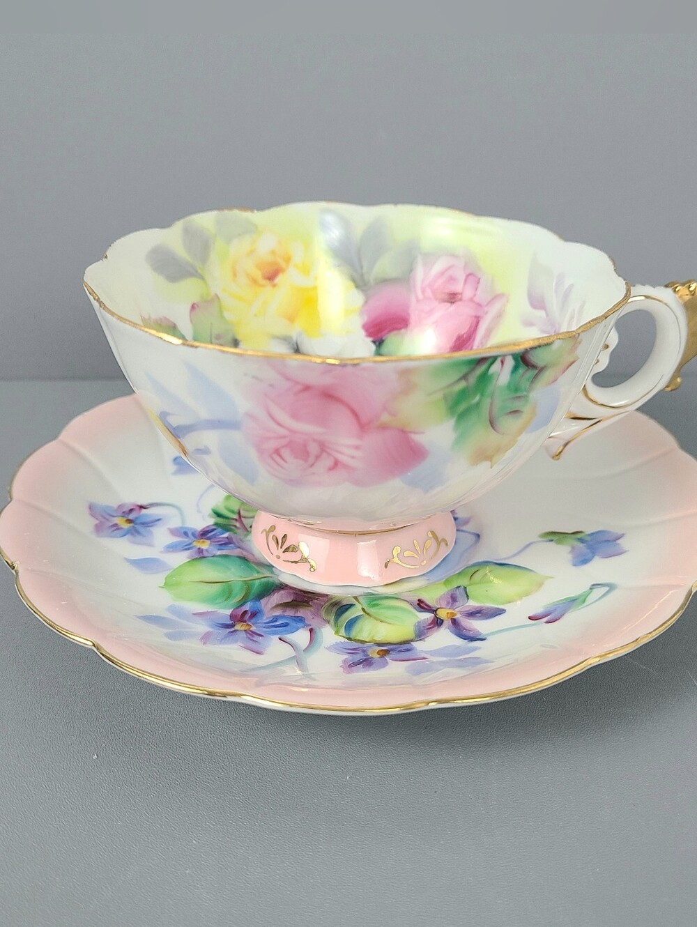 Vintage Takiro Japan Hand Painted Footed Teacup Saucer Set